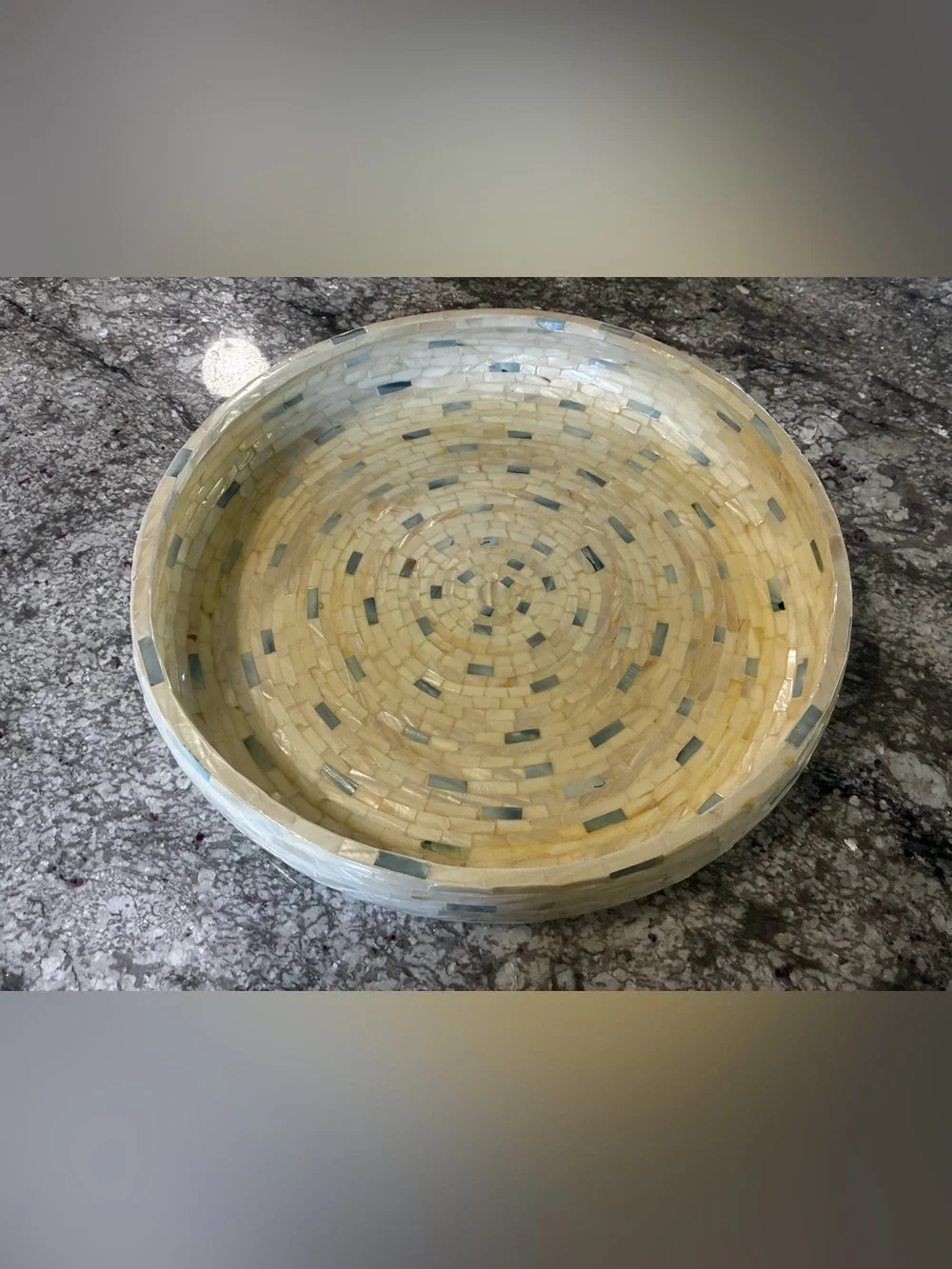 Pier 1 Imports Blue and White Mother of Pearl Round Serving Tray/Bowl.